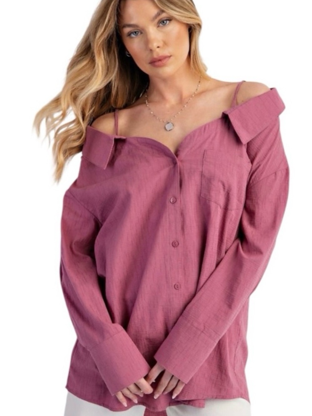 EASEL NWT OFF SHOULDER TEXTURED BUTTON UP TOP MAGENTA MED
